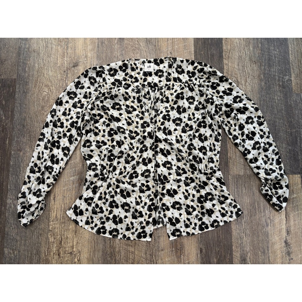 Cabi 5898 Leopard Print Peplum Blouse Black Tan White Long Sleeve Small